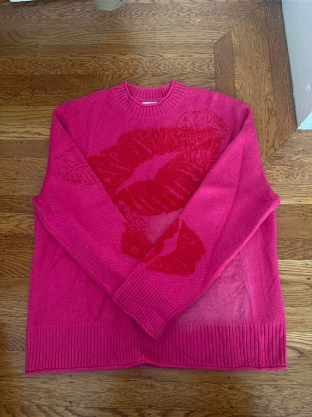House of Sunny Hot Pink Sweater with Red Lip Motif